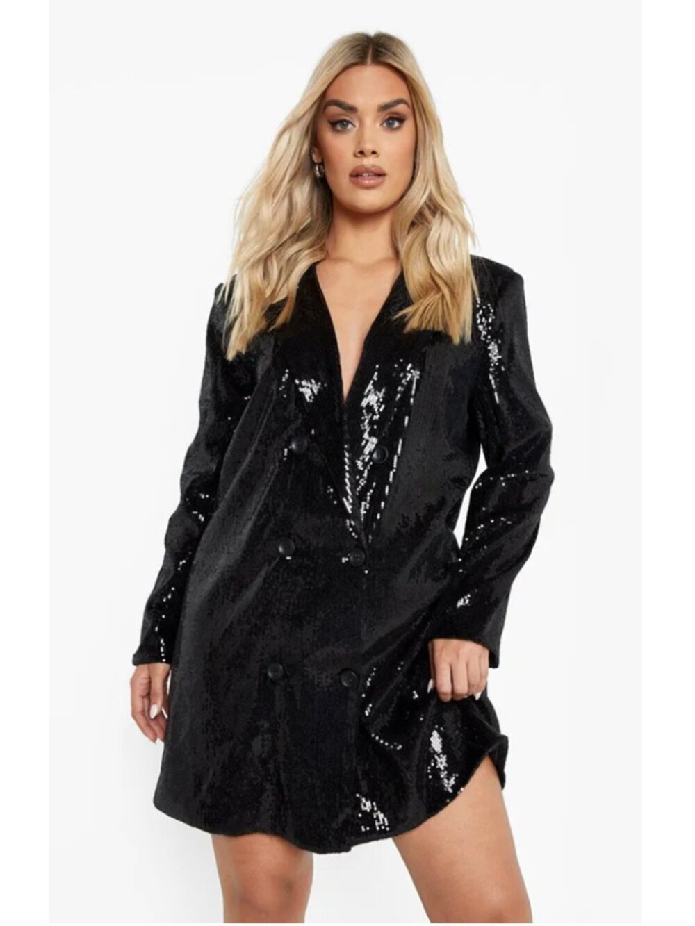 Boohoo Plus Black Sequin Button Blazer Dress